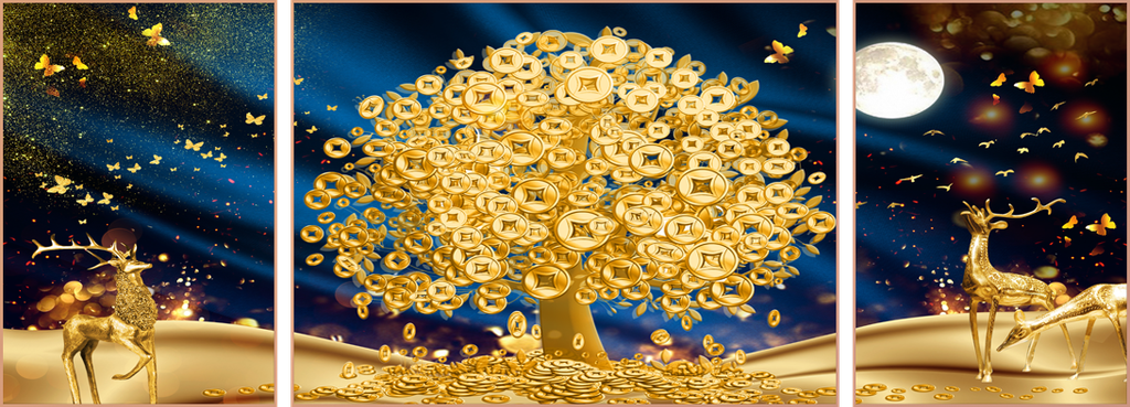 TRANH TREO TƯỜNG PHÒNG KHÁCH - TRANH HƯƠU TÀI LỘC GHÉP BỘ 3 BỨC | MÃ T2HD45