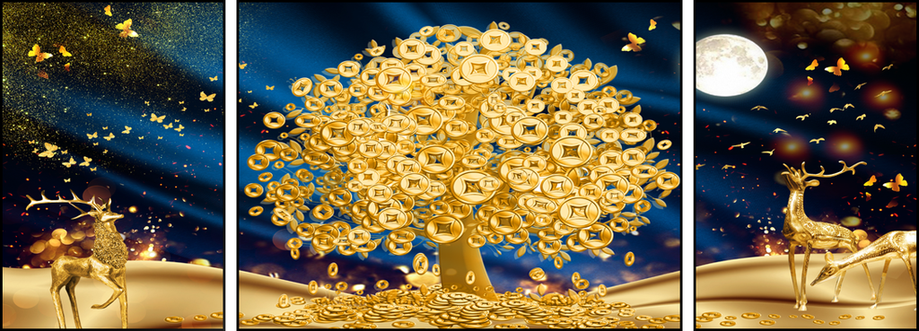 TRANH TREO TƯỜNG PHÒNG KHÁCH - TRANH HƯƠU TÀI LỘC GHÉP BỘ 3 BỨC | MÃ T2HD45