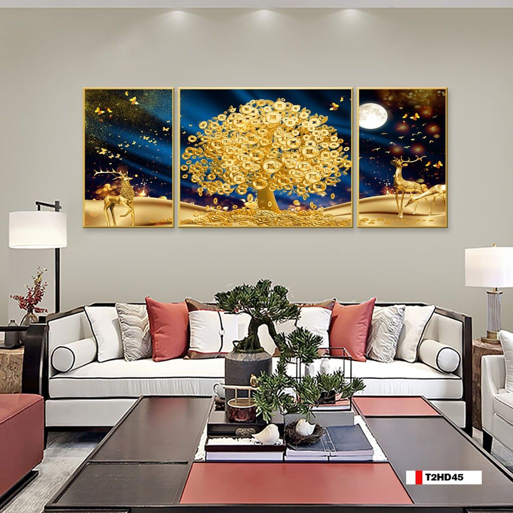 TRANH TREO TƯỜNG PHÒNG KHÁCH - TRANH HƯƠU TÀI LỘC GHÉP BỘ 3 BỨC | MÃ T2HD45