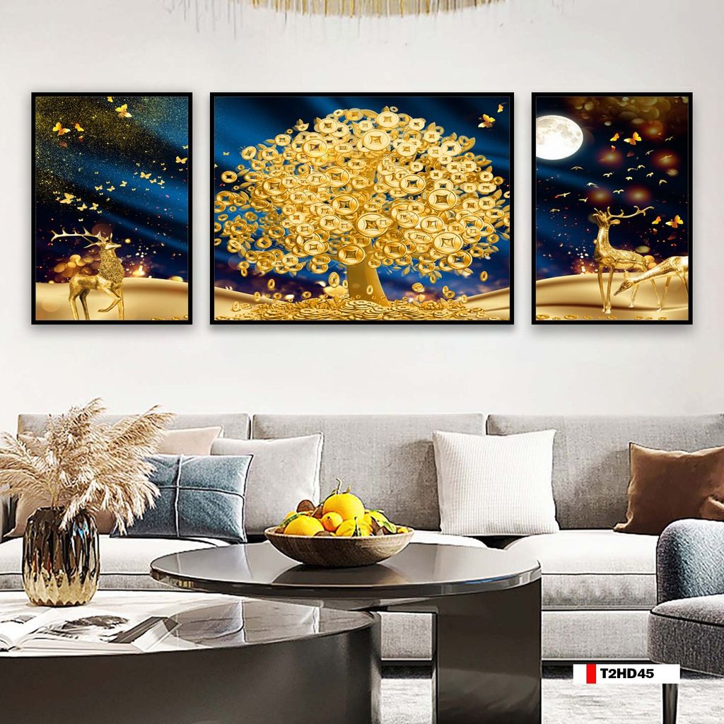 TRANH TREO TƯỜNG PHÒNG KHÁCH - TRANH HƯƠU TÀI LỘC GHÉP BỘ 3 BỨC | MÃ T2HD45