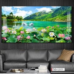 387 - TRANH TREO PHÒNG KHÁCH HIỆN ĐẠI - TRANH TRANG TRÍ - TRANH TREO TƯỜNG TRANH HOA SEN - KIỂU TRANH LIỀN KHỔ | MÃ T3D-12171