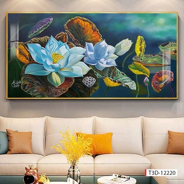 386 - TRANH TREO PHÒNG KHÁCH HIỆN ĐẠI - TRANH TRANG TRÍ - TRANH TREO TƯỜNG TRANH HOA SEN - KIỂU TRANH LIỀN KHỔ | MÃ T3D-12220