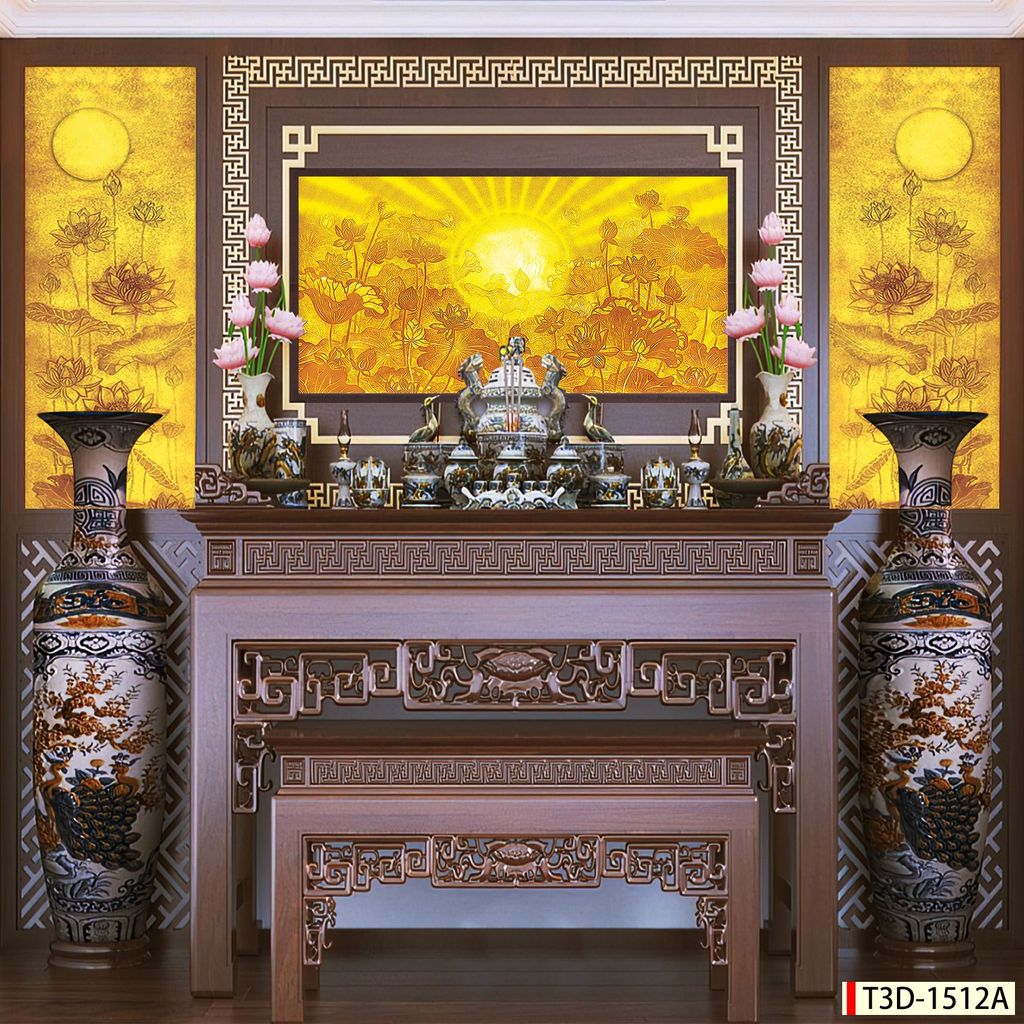 TRANH TREO PHÒNG THỜ - TRANH ĐIỆN TRÚC CHỈ HOA SEN | MÃ T3D-1512A
