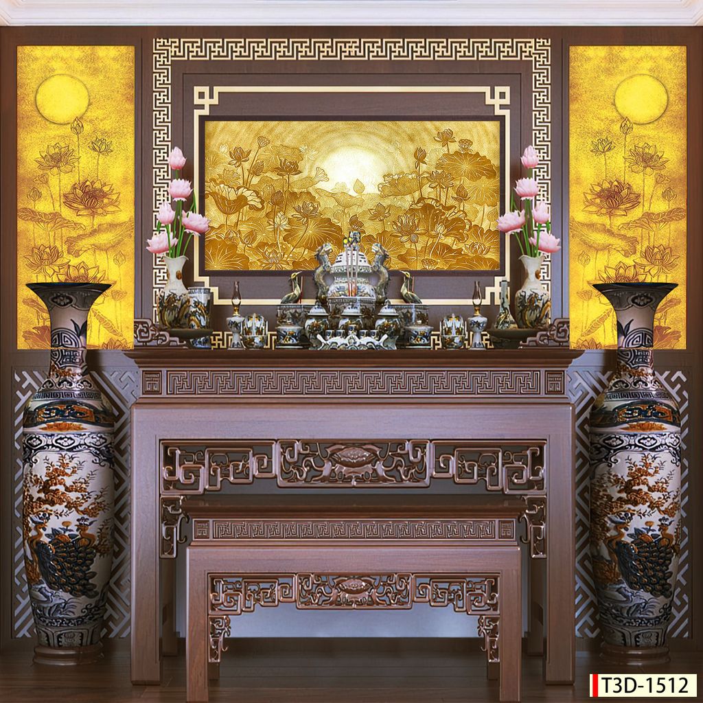 TRANH TREO PHÒNG THỜ - TRANH ĐIỆN TRÚC CHỈ HOA SEN | MÃ T3D-1512