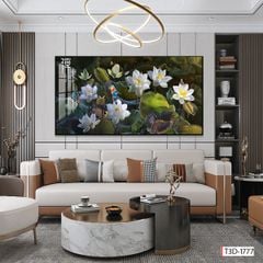 TRANH TREO TƯỜNG - PHÒNG KHÁCH, SAU SOFA - CHỦ ĐỀ HOA SEN CÁ CHÉP - KHỔ LỚN - MÃ:T3D-1777