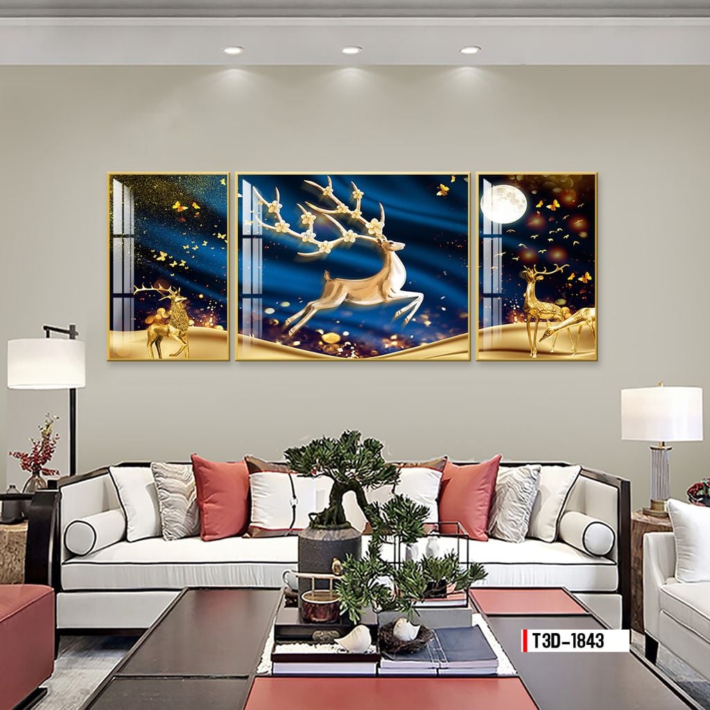 TRANH TREO TƯỜNG PHÒNG KHÁCH - TRANH HƯƠU TÀI LỘC GHÉP BỘ 3 BỨC | MÃ T3D-1843