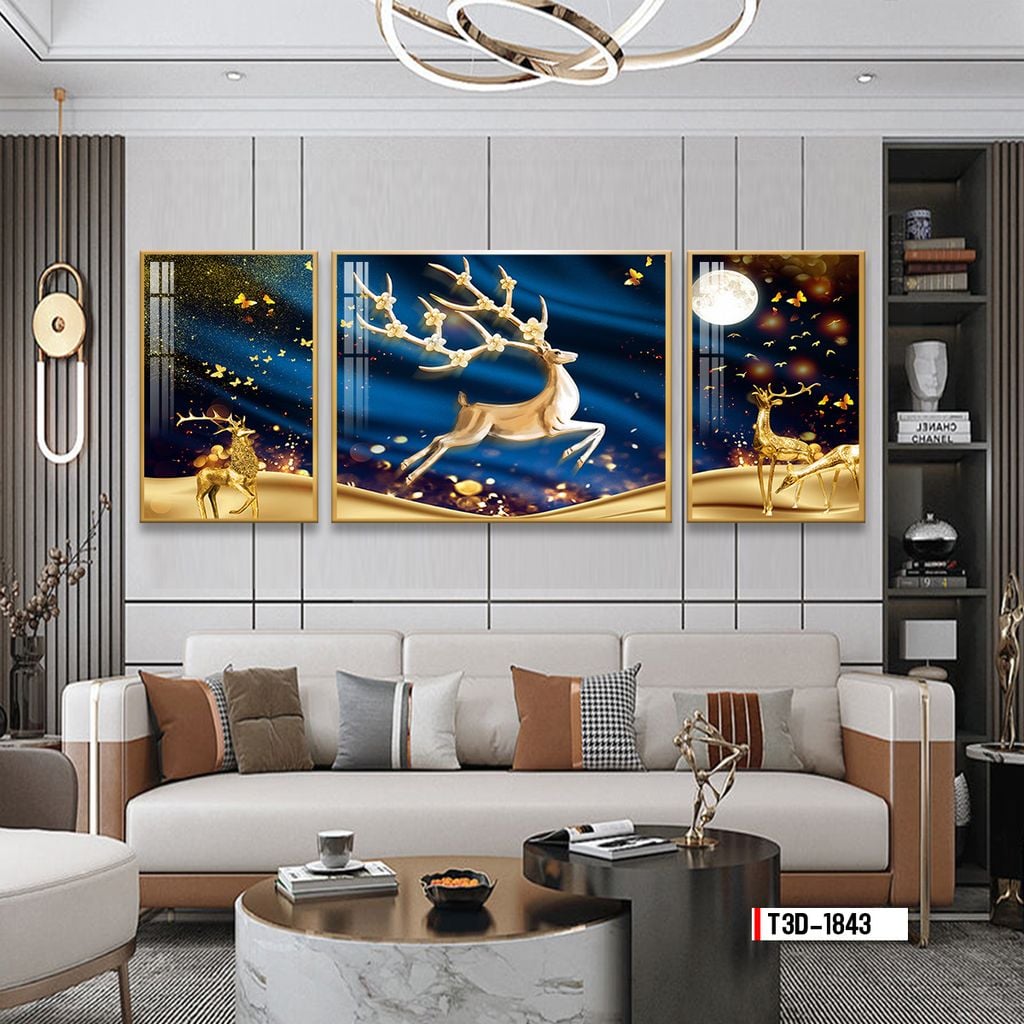 TRANH TREO TƯỜNG PHÒNG KHÁCH - TRANH HƯƠU TÀI LỘC GHÉP BỘ 3 BỨC | MÃ T3D-1843