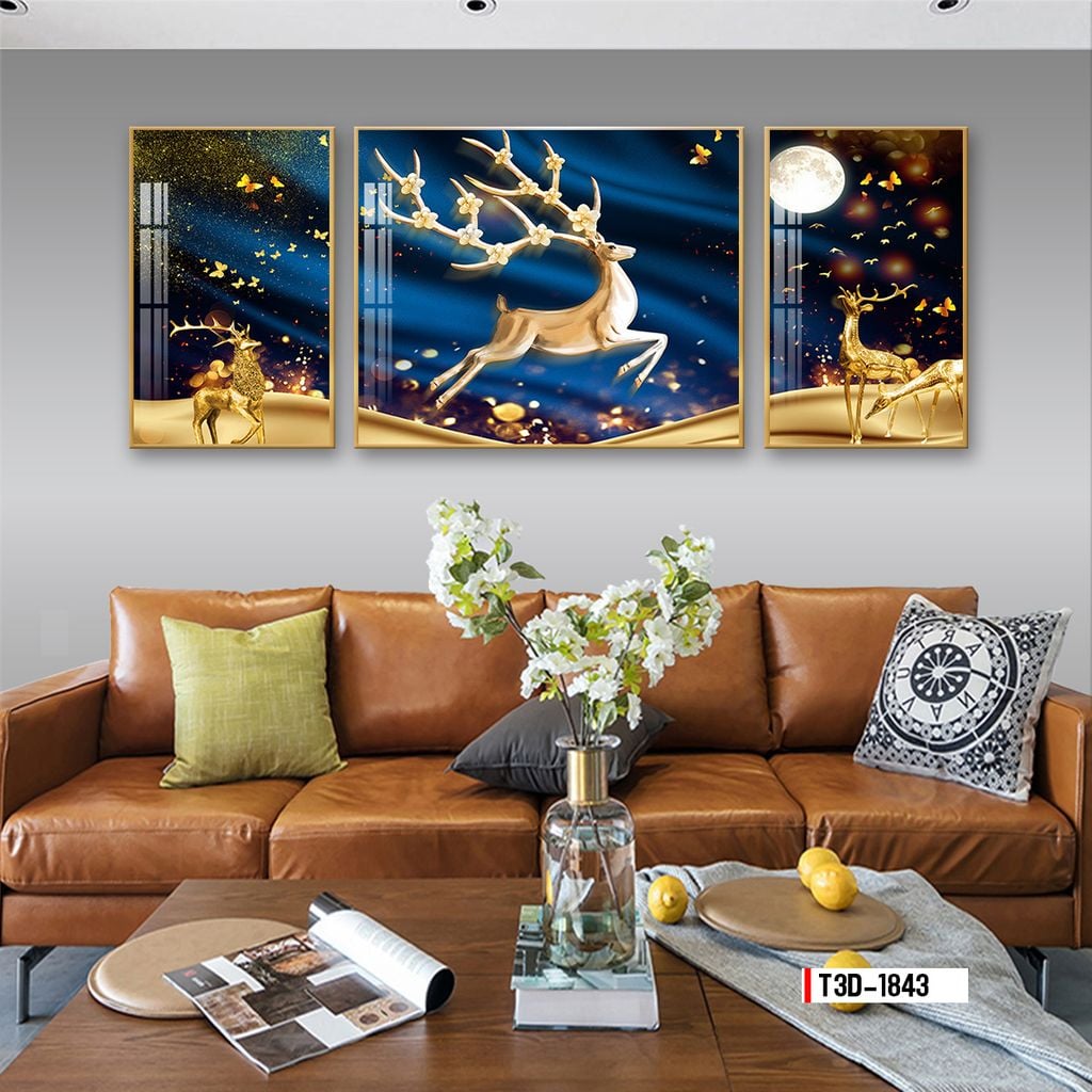 TRANH TREO TƯỜNG PHÒNG KHÁCH - TRANH HƯƠU TÀI LỘC GHÉP BỘ 3 BỨC | MÃ T3D-1843