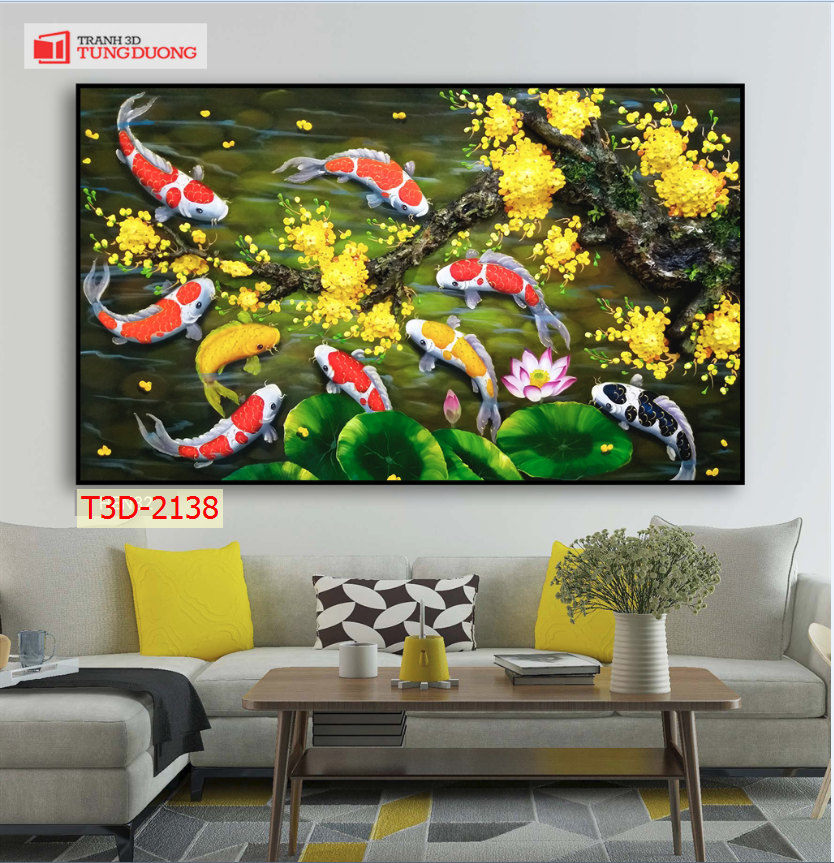 BST157 - TRANH TREO TƯỜNG - PHÒNG KHÁCH, SAU SOFA - CHỦ ĐỀ HOA SEN CÁ CHÉP - KHỔ LỚN