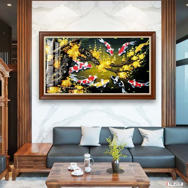 TRANH TREO TƯỜNG - PHÒNG KHÁCH, SAU SOFA - CHỦ ĐỀ HOA SEN CÁ CHÉP - KHỔ LỚN - MÃ: T3D-2139