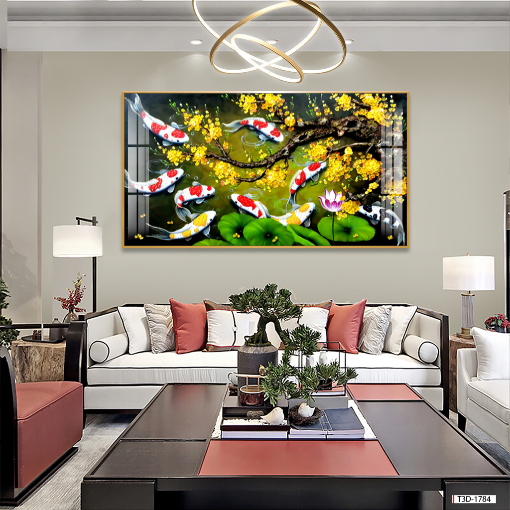 BST157 - TRANH TREO TƯỜNG - PHÒNG KHÁCH, SAU SOFA - CHỦ ĐỀ HOA SEN CÁ CHÉP - KHỔ LỚN