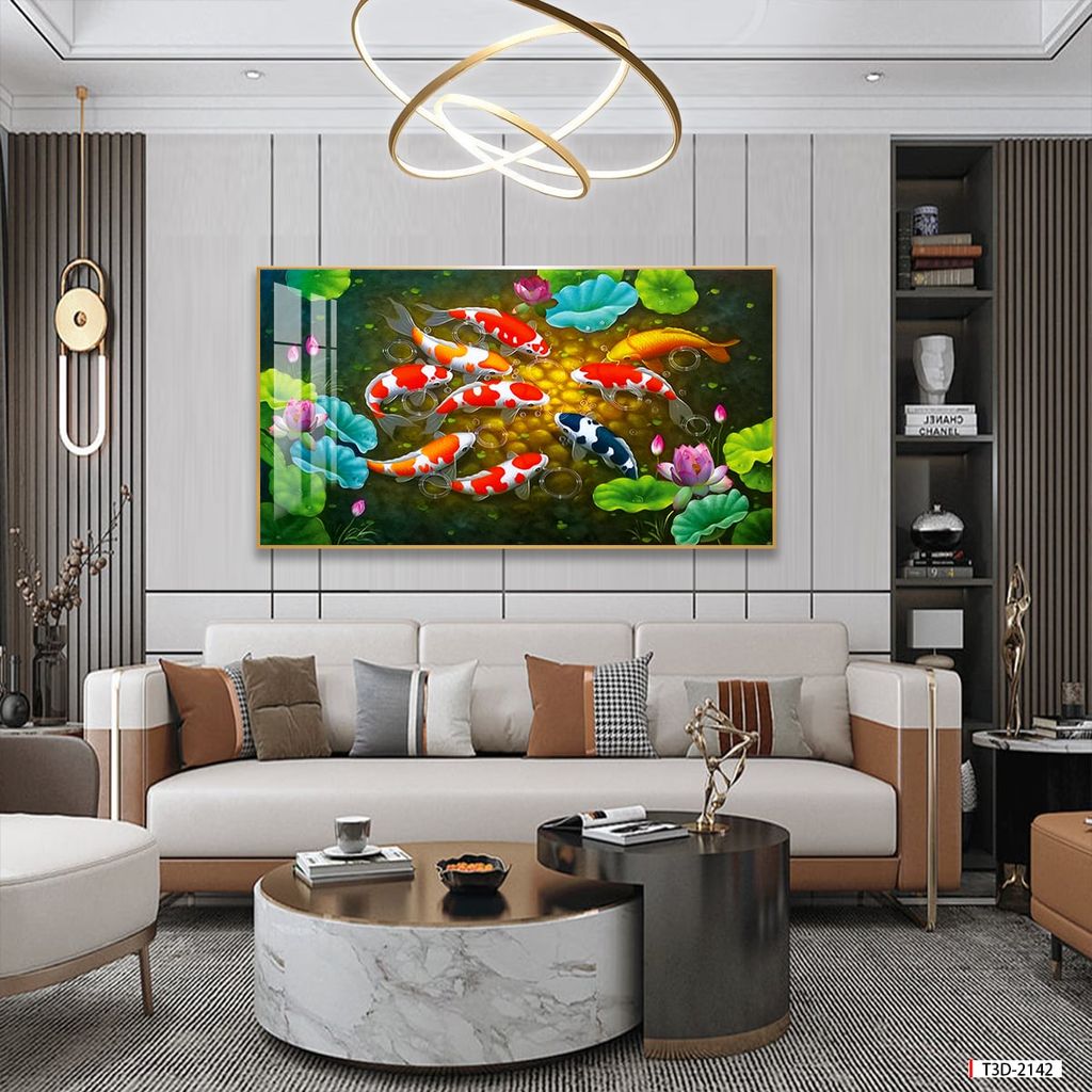 BST157 - TRANH TREO TƯỜNG - PHÒNG KHÁCH, SAU SOFA - CHỦ ĐỀ HOA SEN CÁ CHÉP - KHỔ LỚN