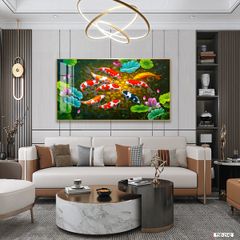 BST157 - TRANH TREO TƯỜNG - PHÒNG KHÁCH, SAU SOFA - CHỦ ĐỀ HOA SEN CÁ CHÉP - KHỔ LỚN