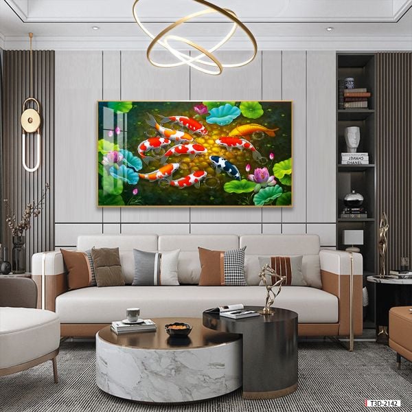 TRANH TREO TƯỜNG - PHÒNG KHÁCH, SAU SOFA - CHỦ ĐỀ HOA SEN CÁ CHÉP - KHỔ LỚN - MÃ:T3D-2142
