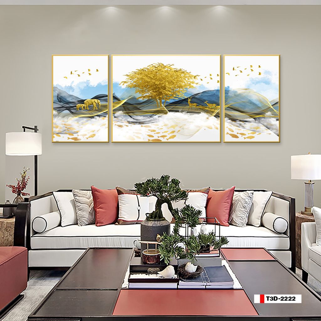TRANH TREO TƯỜNG PHÒNG KHÁCH - TRANH HƯƠU TÀI LỘC GHÉP BỘ 3 BỨC | MÃ T3D-2222