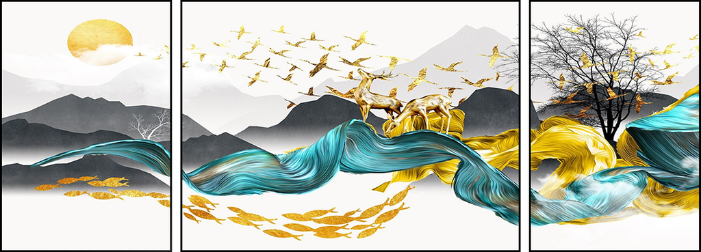 TRANH TREO TƯỜNG PHÒNG KHÁCH - TRANH HƯƠU TÀI LỘC GHÉP BỘ 3 BỨC | MÃ T3D-23427944