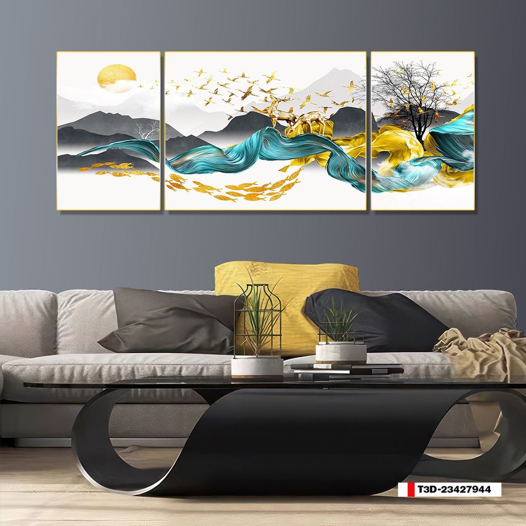 TRANH TREO TƯỜNG PHÒNG KHÁCH - TRANH HƯƠU TÀI LỘC GHÉP BỘ 3 BỨC | MÃ T3D-23427944
