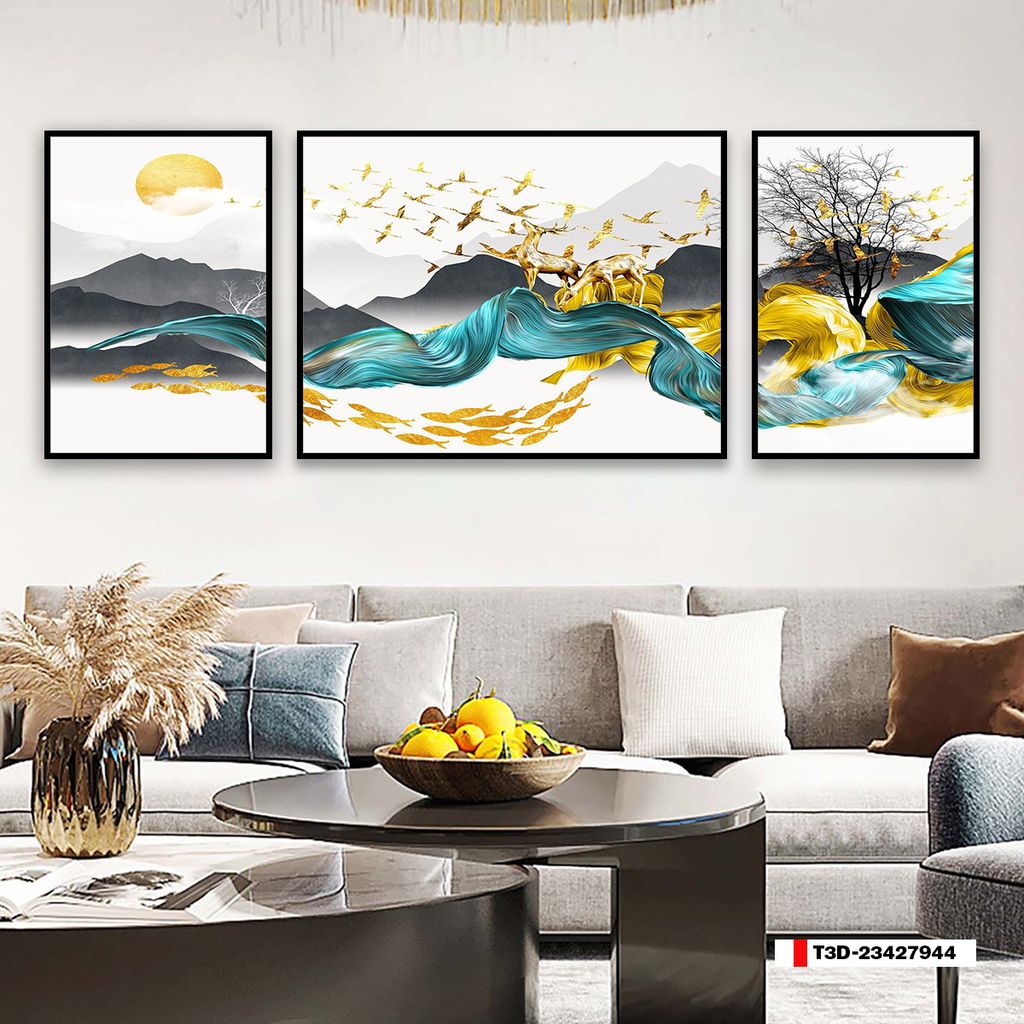 TRANH TREO TƯỜNG PHÒNG KHÁCH - TRANH HƯƠU TÀI LỘC GHÉP BỘ 3 BỨC | MÃ T3D-23427944