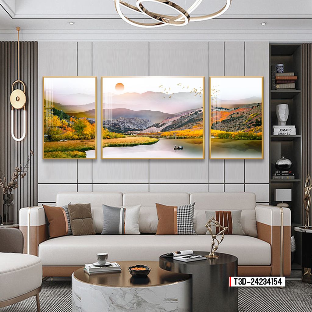 BST21 - TRANH TREO TƯỜNG - PHÒNG KHÁCH, SAU SOFA - TRANH PHONG CẢNH THIÊN NHIÊN, HOA 3D, HƯƠU TÀI LỘC - GHÉP BỘ 3 BỨC