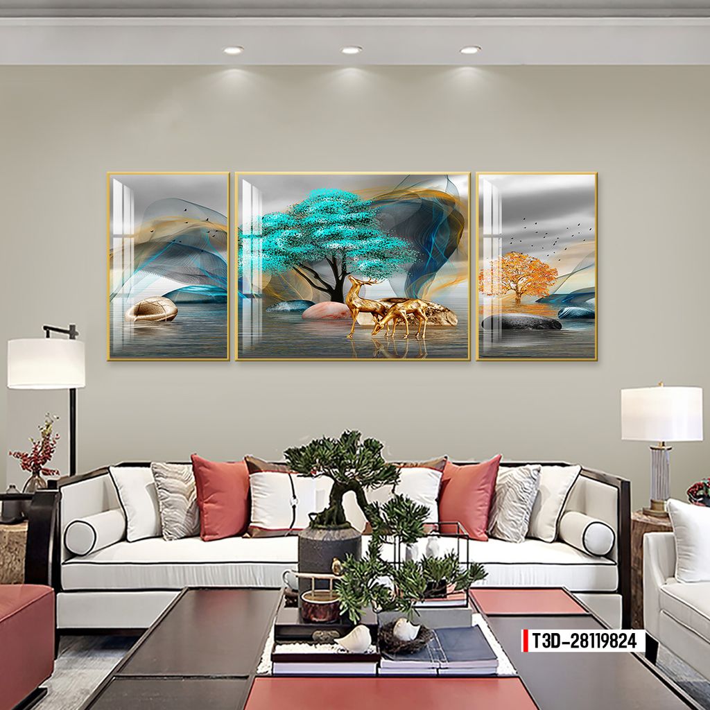 TRANH TREO TƯỜNG PHÒNG KHÁCH - TRANH HƯƠU TÀI LỘC GHÉP BỘ 3 BỨC | MÃ T3D-28119824