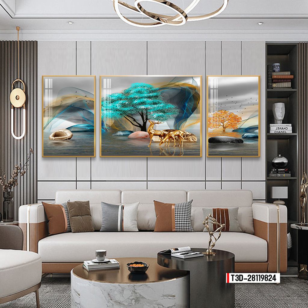 TRANH TREO TƯỜNG PHÒNG KHÁCH - TRANH HƯƠU TÀI LỘC GHÉP BỘ 3 BỨC | MÃ T3D-28119824