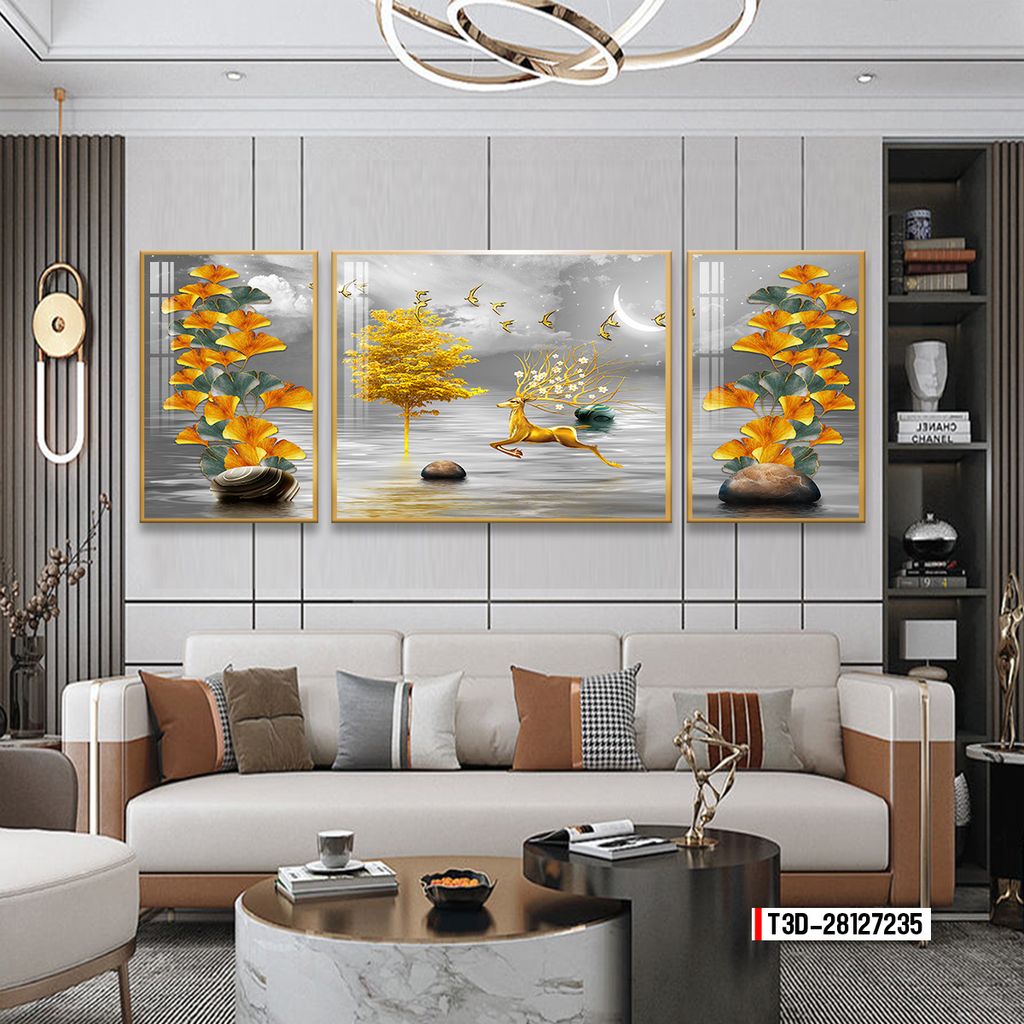 TRANH TREO TƯỜNG PHÒNG KHÁCH - TRANH HƯƠU TÀI LỘC GHÉP BỘ 3 BỨC | MÃ T3D-28127235