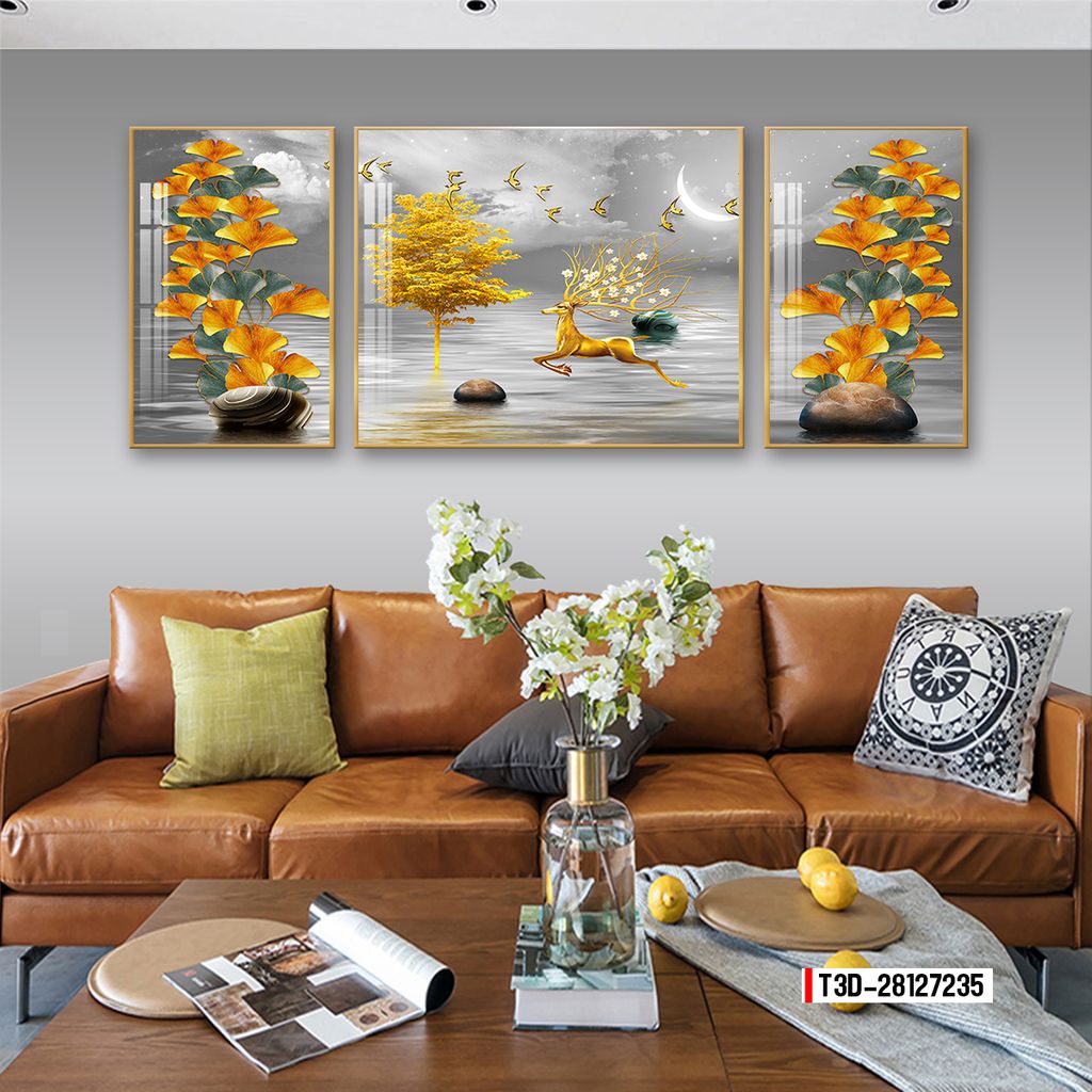 TRANH TREO TƯỜNG PHÒNG KHÁCH - TRANH HƯƠU TÀI LỘC GHÉP BỘ 3 BỨC | MÃ T3D-28127235