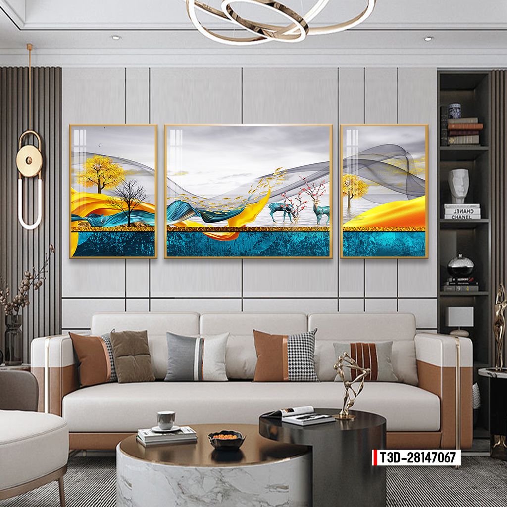 TRANH TREO TƯỜNG PHÒNG KHÁCH - TRANH HƯƠU TÀI LỘC GHÉP BỘ 3 BỨC | MÃ T3D-28147067