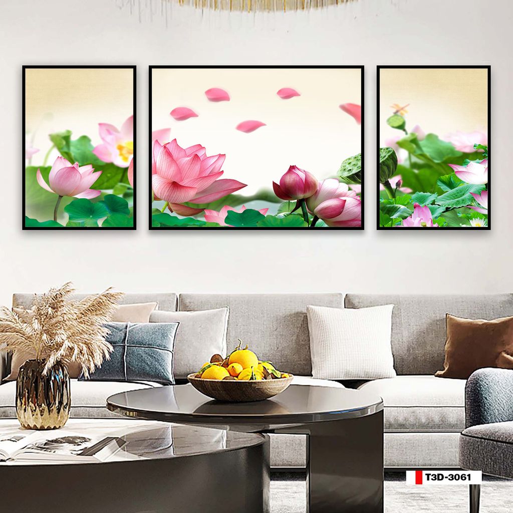 TRANH TREO TƯỜNG PHÒNG KHÁCH - TRANH HOA SEN GHÉP BỘ 3 BỨC | MÃ T3D-3061