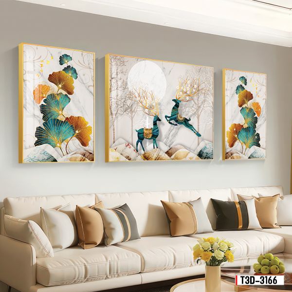 TRANH PHONG THỦY A-B-A  - TRANG TRÍ PHÒNG KHÁCH, SAU SOFA, PHÒNG NGỦ - CHỦ ĐỀ HIỆN ĐẠI HƯƠU TÀI LỘC - MÃ: T3D-3166