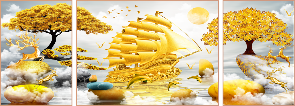 TRANH TREO TƯỜNG PHÒNG KHÁCH - TRANH THUẬN BUỒM XUÔI GIÓ GHÉP BỘ 3 BỨC | MÃ T3D-4541