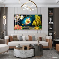 BST157 - TRANH TREO TƯỜNG - PHÒNG KHÁCH, SAU SOFA - CHỦ ĐỀ HOA SEN CÁ CHÉP - KHỔ LỚN