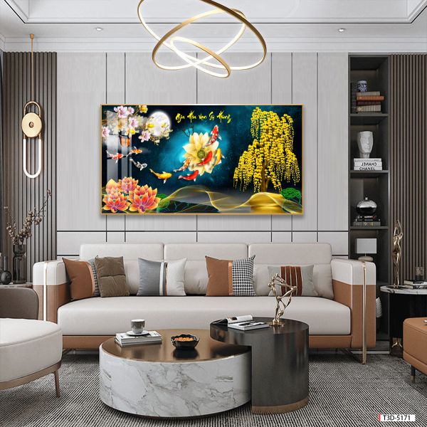 TRANH TREO TƯỜNG - PHÒNG KHÁCH, SAU SOFA - CHỦ ĐỀ HOA SEN CÁ CHÉP - KHỔ LỚN - MÃ: T3D-5171