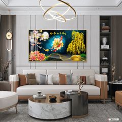 TRANH TREO TƯỜNG - PHÒNG KHÁCH, SAU SOFA - CHỦ ĐỀ HOA SEN CÁ CHÉP - KHỔ LỚN - MÃ: T3D-5171
