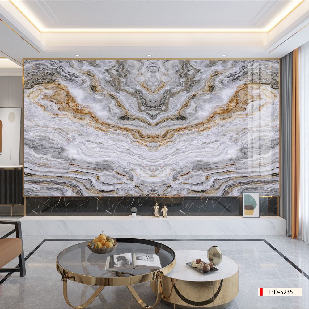 TRANH PVC ỐP TƯỜNG - VÁCH TRANG TRÍ TIVI PHÒNG KHÁCH - TRANH VÂN ĐÁ ĐỐI XỨNG | MÃ T3D-5235