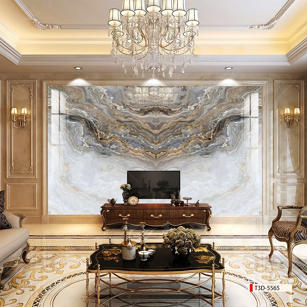 TRANH PVC ỐP TƯỜNG - VÁCH TRANG TRÍ TIVI PHÒNG KHÁCH - TRANH VÂN ĐÁ ĐỐI XỨNG | MÃ T3D-5565