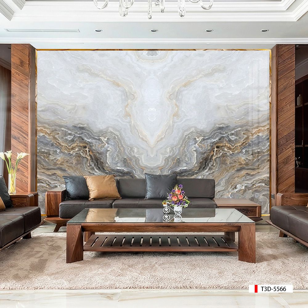 TRANH PVC ỐP TƯỜNG - VÁCH TRANG TRÍ TIVI PHÒNG KHÁCH - TRANH VÂN ĐÁ ĐỐI XỨNG | MÃ T3D-5566