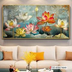 385 - TRANH TREO PHÒNG KHÁCH HIỆN ĐẠI - TRANH TRANG TRÍ - TRANH TREO TƯỜNG TRANH HOA SEN - KIỂU TRANH LIỀN KHỔ | MÃ T3D-808674840