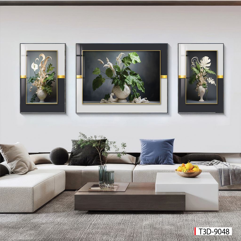 BST 717 - TRANH TREO PHÒNG KHÁCH - TRANH TRANG TRÍ - TRANH TREO TƯỜNG HOA - BÌNH HOA - KIỂU TRANH GHÉP BỘ 3 BỨC