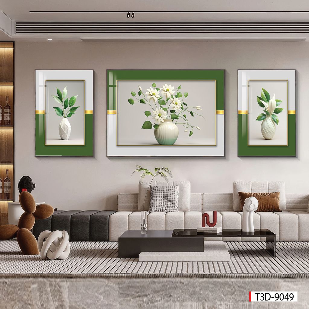 BST 717 - TRANH TREO PHÒNG KHÁCH - TRANH TRANG TRÍ - TRANH TREO TƯỜNG HOA - BÌNH HOA - KIỂU TRANH GHÉP BỘ 3 BỨC