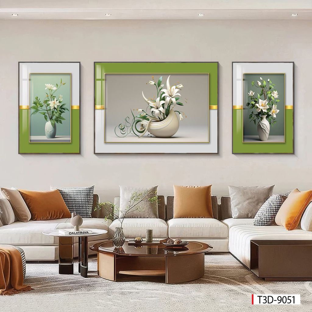 BST 717 - TRANH TREO PHÒNG KHÁCH - TRANH TRANG TRÍ - TRANH TREO TƯỜNG HOA - BÌNH HOA - KIỂU TRANH GHÉP BỘ 3 BỨC