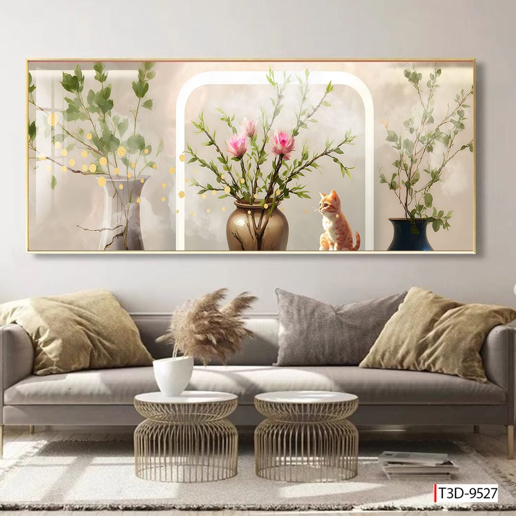 TRANH TREO TƯỜNG - TRANG TRÍ PHÒNG NGỦ - CHỦ ĐỀ HOA 3D, BÌNH HOA - KHỔ LỚN - MÃ T3D-9527