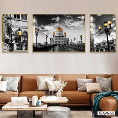 BST65 - TRANH TREO TƯỜNG KHUNG HỢP KIM TITAN - TRANG TRÍ PHÒNG KHÁCH, SAU SOFA - CHỦ ĐỀ PHONG CẢNH KIẾN TRÚC CHÂU ÂU - GHÉP BỘ 3 BỨC