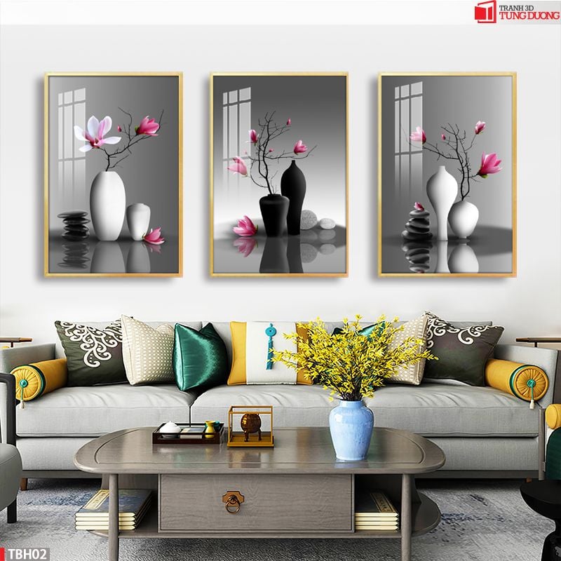 TRANH TREO TƯỜNG PHÒNG KHÁCH, PHÒNG ĂN - TRANH TREO BÌNH HOA - GHÉP BỘ 3 BỨC | MÃ TBH02