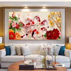 TRANH TREO TƯỜNG - PHÒNG KHÁCH, SAU SOFA - CHỦ ĐỀ HOA SEN CÁ CHÉP - KHỔ LỚN - MÃ: TCSM20