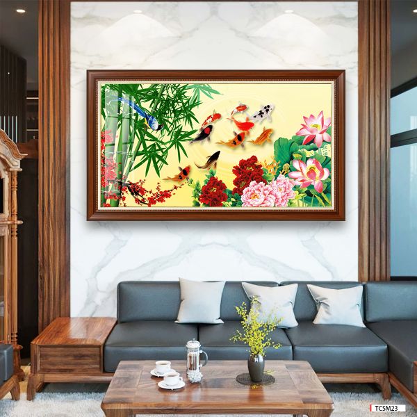 TRANH TREO TƯỜNG PHÒNG KHÁCH KHỔ LỚN - TRANH CỬU NGƯ QUẦN HỘI | MÃ TCSM23