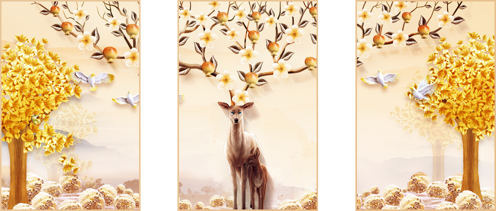 TRANH TREO TƯỜNG PHÒNG KHÁCH - TRANH HƯƠU TÀI LỘC GHÉP BỘ 3 BỨC | MÃ TG162