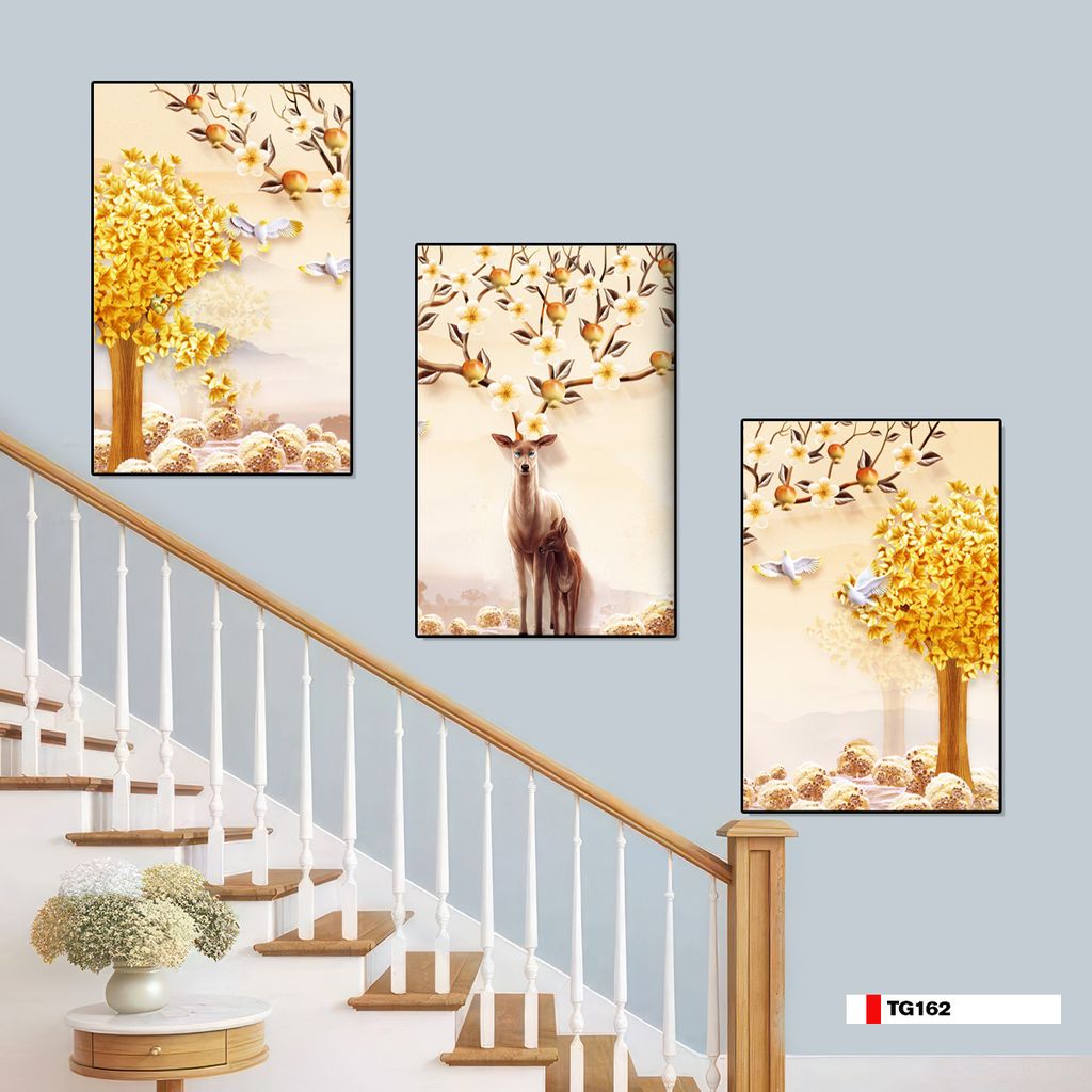 TRANH TREO TƯỜNG PHÒNG KHÁCH - TRANH HƯƠU TÀI LỘC GHÉP BỘ 3 BỨC | MÃ TG162