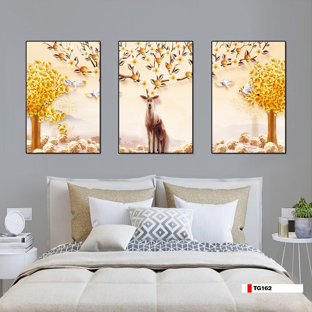 TRANH TREO TƯỜNG PHÒNG KHÁCH - TRANH HƯƠU TÀI LỘC GHÉP BỘ 3 BỨC | MÃ TG162