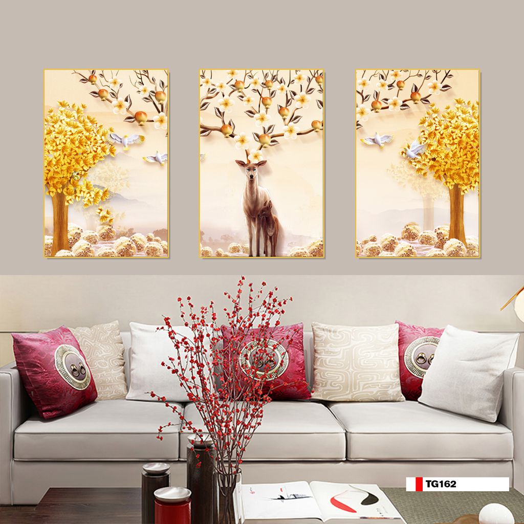 TRANH TREO TƯỜNG PHÒNG KHÁCH - TRANH HƯƠU TÀI LỘC GHÉP BỘ 3 BỨC | MÃ TG162